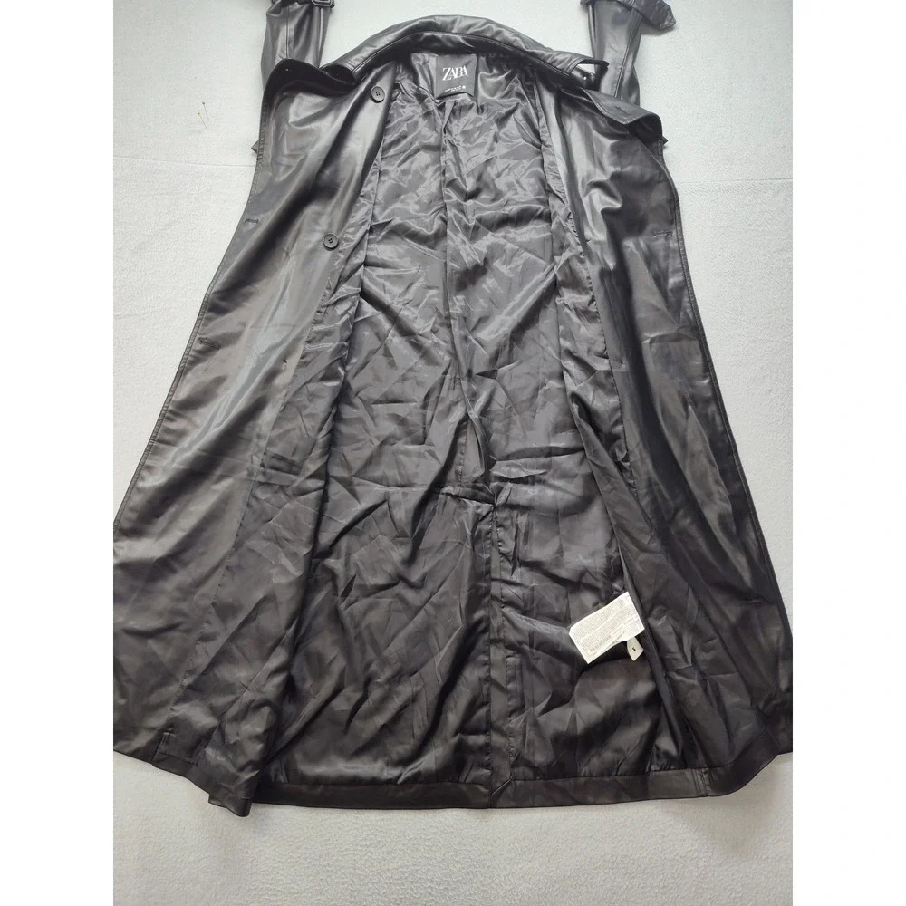 Zara Womens Faux Leather Double Breasted Trench Coat Black XS Longline Belted